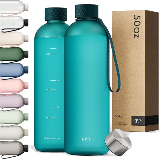 KIVY Large Water Bottle 50oz [Lightweight & Shatterproof] Fits Backpack & Cupholder for Travel, Sports, School - Extra large water bottle no straw - 1.5 Liter water bottles - 50oz Water bottle Green