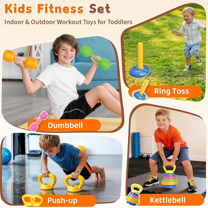 6-in-1 Kids Weight Set, Kids Workout Equipment, Kid exercise equipment Toys | Kids Adjustable Dumbbell, Barbell, Kettlebell, Push-Up ,Ring. Fitness Play Gym Toys Set Gift Small Weights for Kids Boy Girl