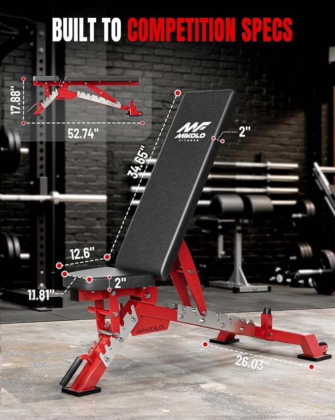 Mikolo Weight Bench - 1300 Weight Capacity and 40 Adjustable Positions for Full Body Workouts, Incline, Decline and Flat Setting for Garage and Home Gym