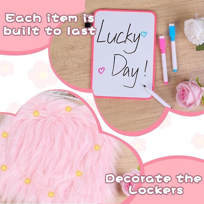 18 PCS Pink Locker Accessories Kit Back to School Locker Decorations Supplies for Girls Includes Whiteboard Mirror Organizer Markers Hook Rug String Lights Sticky Notes and Cute Flower Magnets