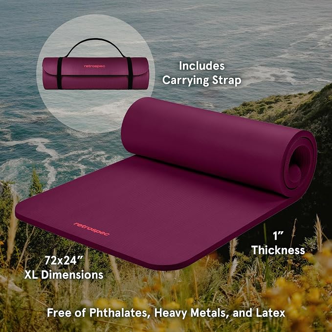 Retrospec Solana Yoga Mat 1" Thick w/Nylon Strap for Men & Women - Non Slip Exercise Mat for Home Yoga, Pilates, Stretching, Floor & Fitness Workouts