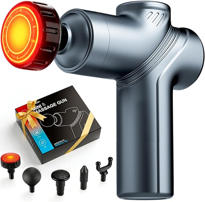 LEERCON Massage Gun with Heat, Deep Tissue Back Massage Gun for Pain Relief | Small Portable Massager Gun, Back and Neck Massager for Pain Relief, 6 Speed & 4 Heads, Birthday Gifts for Men Dad (Blue)