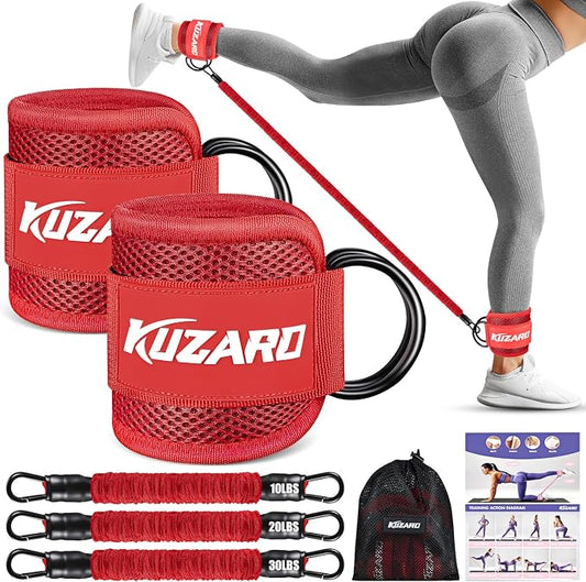 KUZARO Ankle Resistance Bands with Cuffs, Ankle Weights Bands for Working Out, Women Leg and Glutes Workout Equipment, Exercise Bands for Kickbacks, Butt and Booty Trainer, Home Gym Fitness Equipment