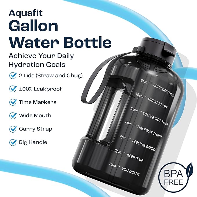 AQUAFIT 1 Gallon Water Bottle with Motivational Quotes | BPA Free 1 Gallon Water Bottle with Straw and Chug Lids - Leakproof Gym Water Bottle with Carry Handle (Blue)