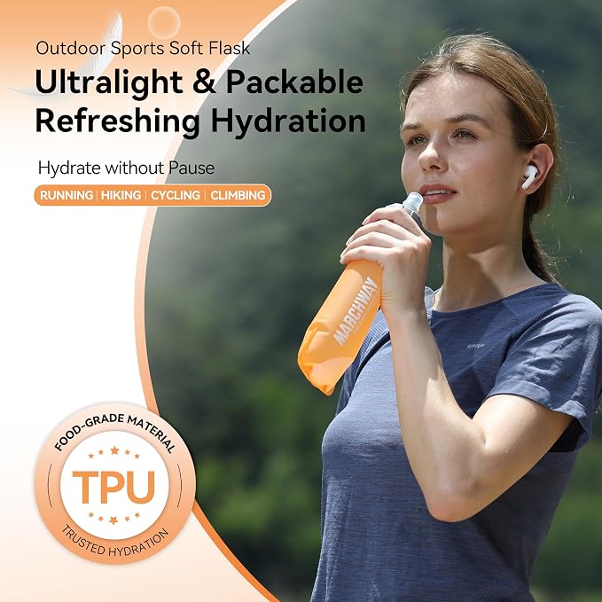 MARCHWAY Soft Hydration Flask with Wide Mouth, 300ml/500ml Collapsible TPU Water Bottle, Leakproof Portable Flexible for Running, Hiking, Cycling, Climbing, Gym, Travel (2pcs Orange 300ml)