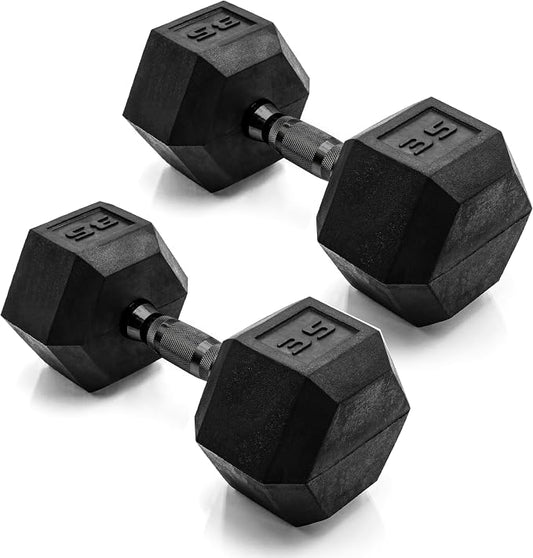 CAP Rubber Coated Dumbbell Weights, Free Weights for Home Gym Strength Training, Anti-Roll Hex Dumbbells with Black, Chrome & Comfort Grip Handles, Pairs & Sets