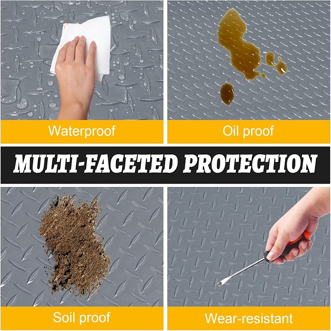 10x25 FT Garage Floor Mat, 2.8mm Thickened Flooring Roll for Under Car Diamond Plate PVC Rubber Mat with 20 Pcs Tapes, Non-Slip Floor Mat for Garage, Warehouse, Trailer, Gyms, Gray