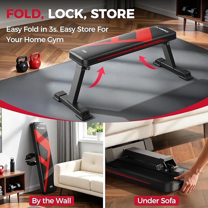 FLYBIRD Foldable Flat Weight Bench for Home Gym, 600/1000 lbs Capacity with Dual Locking for Strength Training, Easy Setup & Storage for Small Apartments, Lifting, Hip Thrust, Dumbbell Workout (A-Red)