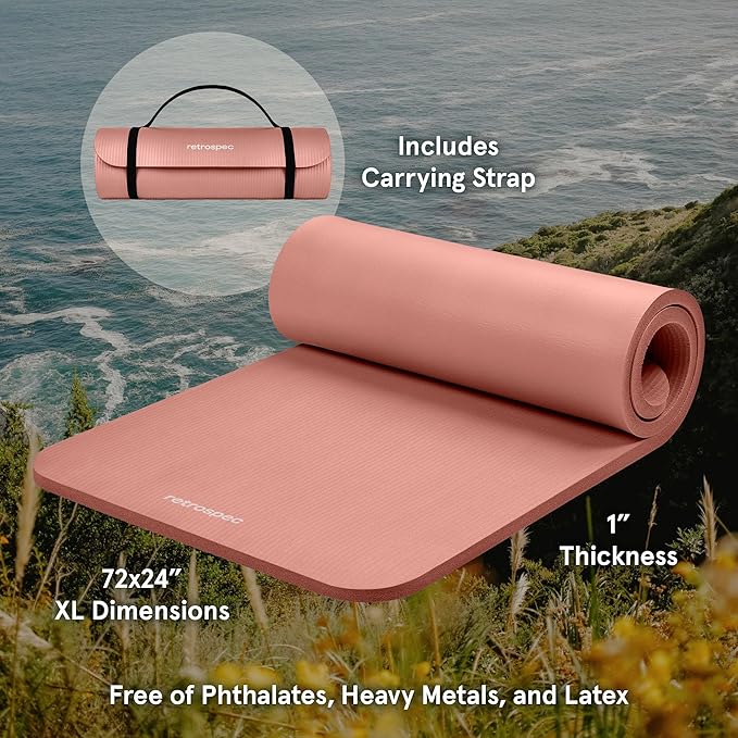 Retrospec Solana Yoga Mat 1" Thick w/Nylon Strap for Men & Women - Non Slip Exercise Mat for Home Yoga, Pilates, Stretching, Floor & Fitness Workouts