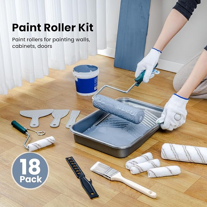 Mister Rui Paint Roller Kit, 18 Pack Paint Roller Set, 4" 9" Paint Rollers | Ideal for Painting Walls, Paint Tray with Liners, Angled Paint Brush, Professional Painting Kit for Home Improvement