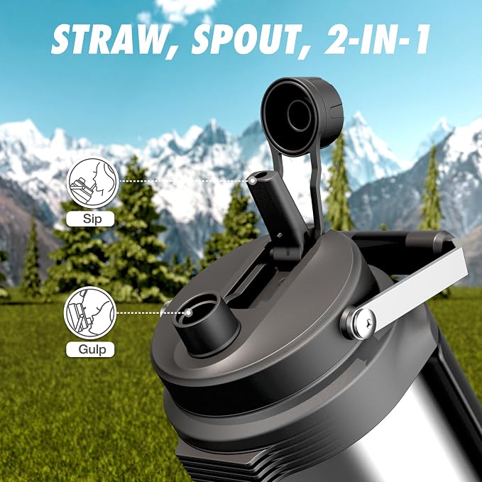 POWCAN 64 oz Stainless Steel Water Bottle: 2-in-1 Straw Spout Lid, Dual Handle, Leakproof, Keep Cold 48H, Half Gallon Insulated Water Jug for Outdoors, Fitness, Journey, Trip, Work, Camping (Steel)