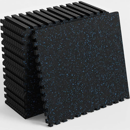 48 Sq Ft Rubber Top Gym Flooring for Home Gym, Black/Blue | 12 Tiles, High Density EVA Foam, Waterproof & Non-Slip Rubber, 0.4" Interlocking Puzzle Mats, Floor Protection, 24"x24"