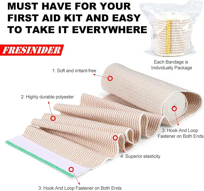 FRESINIDER Premium Elastic Bandage Wrap 6 Pack, 2-6 Inch, Hook and Loop | Multi-Width Cotton Compression Set Covers Wrist, Elbow and Knee; Secure Ends for Sprains, Swelling and Sports Recovery.