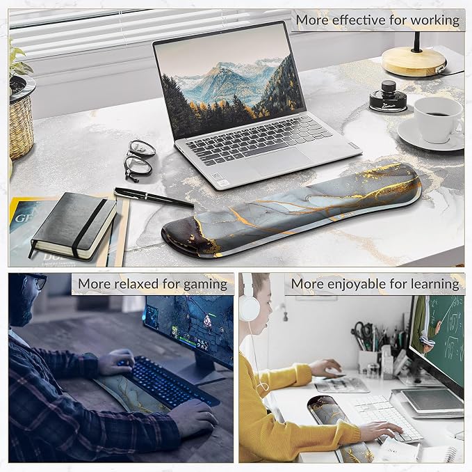 Gimars 17.3'' Extended Keyboard Wrist Rest Pad with 63D High-Density, Firm Memory Foam, Anti-Slip Rubber Base and Ergonomic Design for Typing Pain Relief,Office,Gaming, Computer, Laptop,Grey Golden