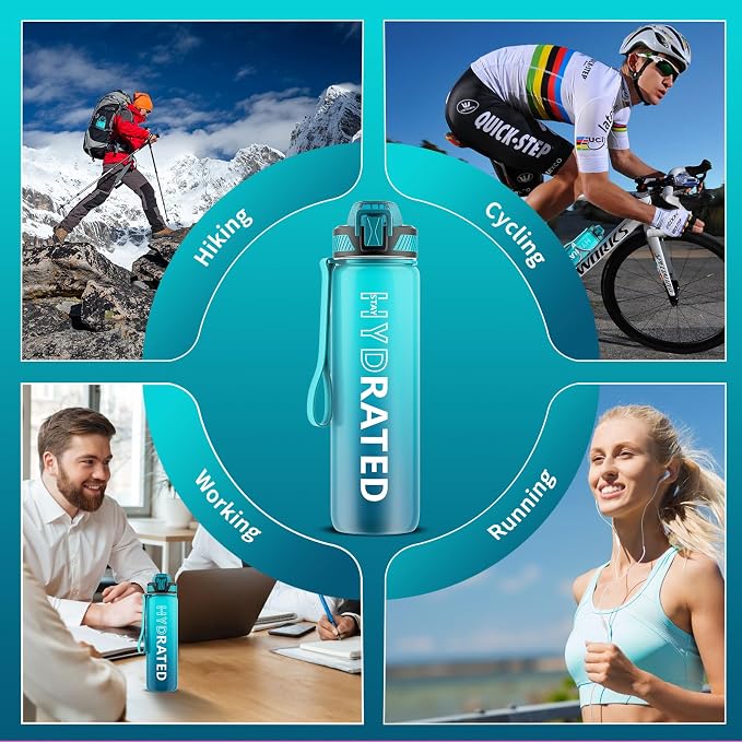 QLUR Water Bottle with Straw, 32oz Motivational Water Bottles with Time Marker to Drink, Tritan BPA Free, 1L Sports Water Bottle with Carry Strap LeakProof for Women Gym Fitness Outdoor (1 Pack)