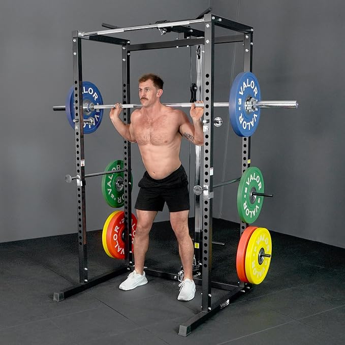 Valor Fitness Power Rack - Squat Rack and Bench Press Power Cage with LAT Pulldown Attachment 2" x 2" Frame - Workout Rack Bundle Options for Complete Weightlifting Home Gym