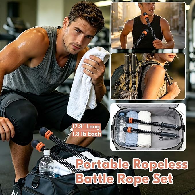 Cordless Battle Ropes for Home Gym – Adjustable Weighted Ropeless Ropes with Non-Slip Handles & Gloves, Portable No-Anchor-Point Workout for HIIT, Strength, Low-Impact Cardio, Men & Women