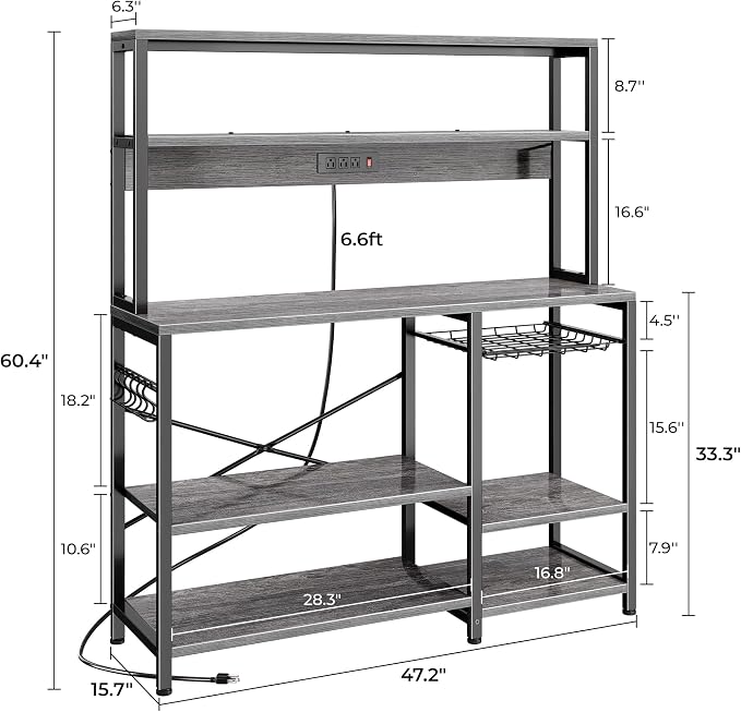 SUPERJARE Bakers Rack with Power Outlet, 47.2 Inches Coffee Bar with Basket | Kitchen Microwave Stand with 3 Level-Adjustable Open Shelves, with 9 S-Shaped Hooks, Grey