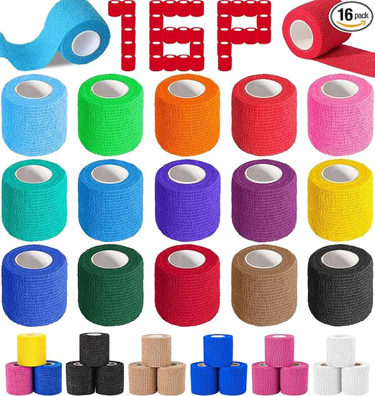 AZEN 16 Pack Self Adhesive Bandage Wrap, 2" X 5 Yards Elastic Cohesive Bandage Wrap, Color Athletic Tape, Vet Wrap, Ankle Tape