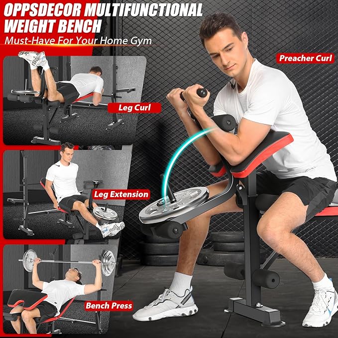 OPPSDECOR 900LBS Weight Bench Set for Home Gym, 6-in-1 Foldable Bench Press Set with Leg Extension, Leg Curl, Preacher Curl Pad, Barbell Rack, Squat Rack for Full Body Workout, Strength Training