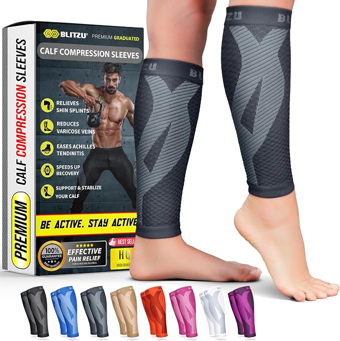 BLITZU Calf Compression Sleeves, Footless Compression Socks for Men & Women | Leg Support Brace, Shin Splint Pain Relief, Reduce Varicose Vein Swelling, Muscle Recovery, Running, Nursing, Fitness, Travel