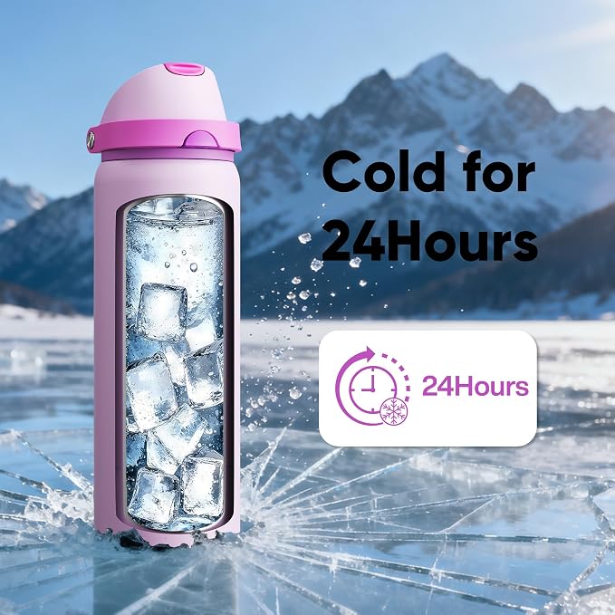 Insulated Water Bottle with Straw - Encool Stainless Steel Water Bottle with Push Button Lid, Leak-Proof & BPA-Free, Keeps Cold for 24 Hours for Sports, Travel, Gym (32 oz, Thistle-Fuchsia)