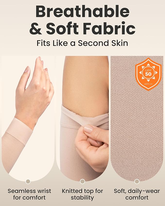 KEMFORD Lymphedema Compression Arm Sleeves for Women - 15–20 mmHg, Without Silicone Grip, 1 Pair, Beige, 3XL – Arm Support for Swelling & Edema
