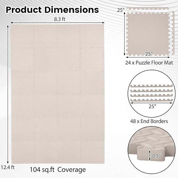 Tangkula 24 Tiles Exercise Flooring Mats with Border, Non-Slip EVA Foam Protective Mats, Elastic Puzzle Play Mats, 1/2" Interlocking Floor Mats for Home Gym, Fitness Room (Beige)