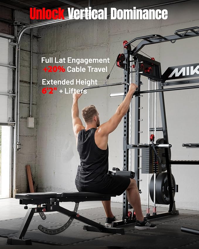 Mikolo M4 2.0 Smith Machine, 2200lbs Squat Rack with LAT-Pull Down System & Cable Crossover Machine, Training Equipment with Leg Hold-Down Attachment