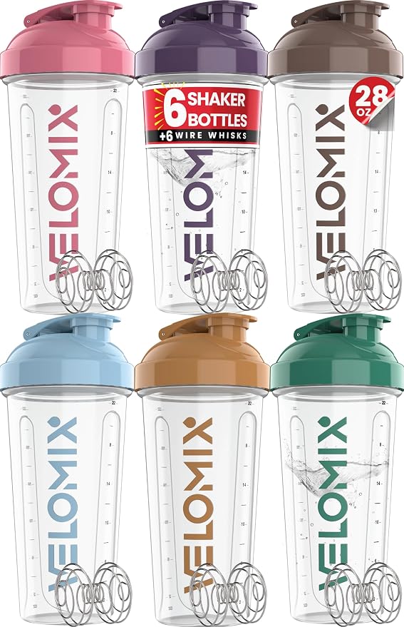 VELOMIX 6 Pack 28oz Protein Shaker Bottle for Protein Mixes, Muted Clarity | 6x Wire Whisk, Leak Proof Shaker Cups for Protein Shakes, Stackable, Multipack Value Set for Home, Gym, Office and Car