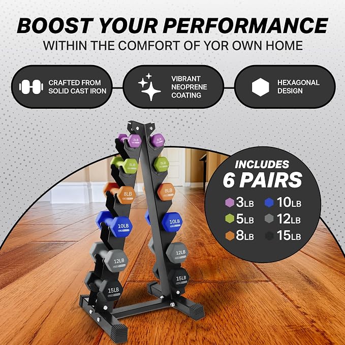 HolaHatha 1, 2 and 3 lb Neoprene Dumbbell Strength Training Weight Set with Rack