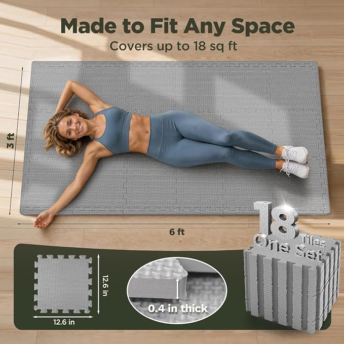AIRHOP 18 PCS Gym Floor Mat, EVA Foam Puzzle Gym Mat, High-Density Interlocking Foam Floor Tiles for Home Gym, Play Workout Garage Kitchen Flooring 12.6"x12.6"x0.4"