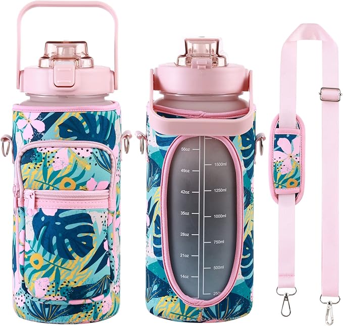 RYI Half Gallon Water Bottle with Sleeve & Strap 64 OZ Motivational Water Bottles with Straw Large Wide Mouth Water Jug with Time Marker for Fitness, Gym and Outdoor Sports, Leak-proof & BPA Free