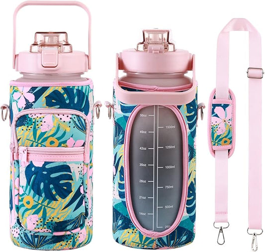 RYI Half Gallon Water Bottle with Sleeve & Strap 64 OZ Motivational Water Bottles with Straw Large Wide Mouth Water Jug with Time Marker for Fitness, Gym and Outdoor Sports, Leak-proof & BPA Free