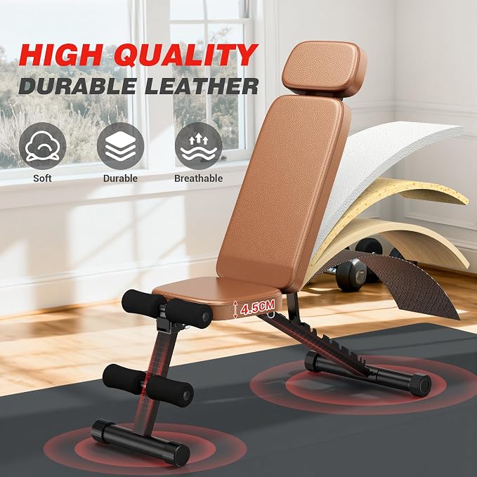 XDDIAS Workout Bench, 10 Backrests Adjustable Weight Bench with Extended Headrest, 800LBS Foldable Weight Bench for Home Gym, Incline Decline Flat Bench Compact for Small Space Training