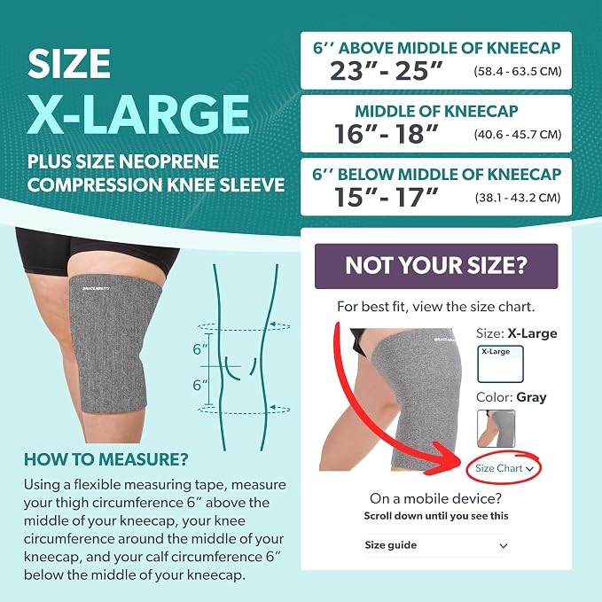 BraceAbility Plus Size Neoprene Knee Sleeve - Knee Compression Sleeve for Large Legs and Big Thighs, Arthritis Joint Pain and Support Knee Brace for Obese - Fits Men and Women (XL - Gray)