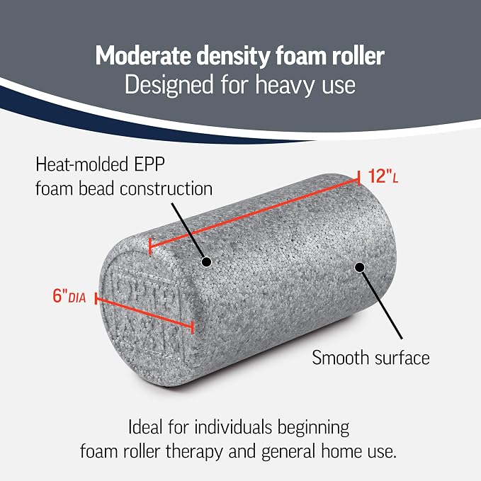 OPTP Silver AXIS Moderately Firm Foam Roller – Round, Silver, 12" x 6" | Moderate density for sports medicine, physical therapy, Pilates, yoga, trigger point myofascial release, Heat-molded EPP foam