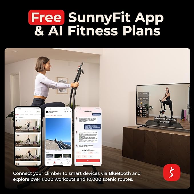 Sunny Health & Fitness Stair Stepper for Home | SunnyFit App Connection, Long Stride Length, Home Gym Exercise, Compact Foldable, Leg and Glute Training