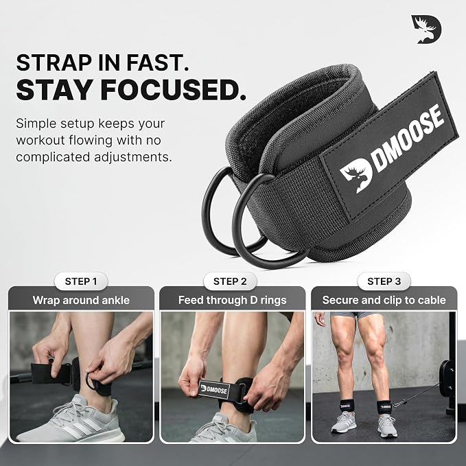 DMoose Ankle Strap for Cable Machine - One Size Fit with Premium Padding, Workout Kickback Ankle Cuffs, Ankle Bands for Working Out, Booty Workouts, Leg Extension, Hip Abductors & Lower Body Exercises