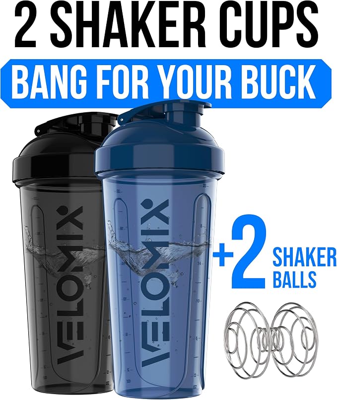 VELOMIX 2 Pack 28oz Protein Shaker Bottle for Protein Mixes, Blue/Black | 2x Wire Whisk, Leak Proof Shaker Cups for Protein Shakes, Stackable, Dishwasher safe, BPA free, Pre Workout and Fitness ready