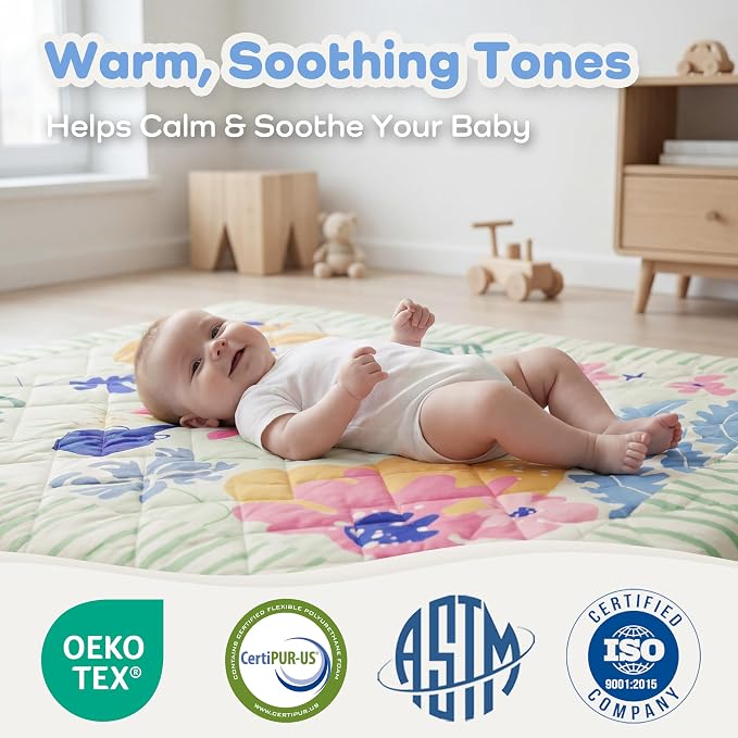 1.6" Thick Baby Play Mat, 50x50 Removable & Machine Washable Cover | Padded Memory Foam, Non-Slip Backing, 100% Baby-Safe Materials, Tummy Time Crawling, Outdoor, Bedroom, Living Room, Nursery