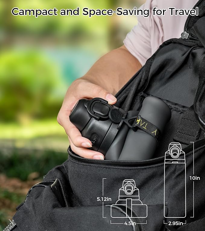 TakeToday Collapsible Water Bottles 21oz (600mL), Foldable Platinum Silicone Travel Water Bottle with Straw & Carry Strap, Leak-Resistant Screw Lid, Wide Mouth, BPA-Free for Hiking, Camping, Travel