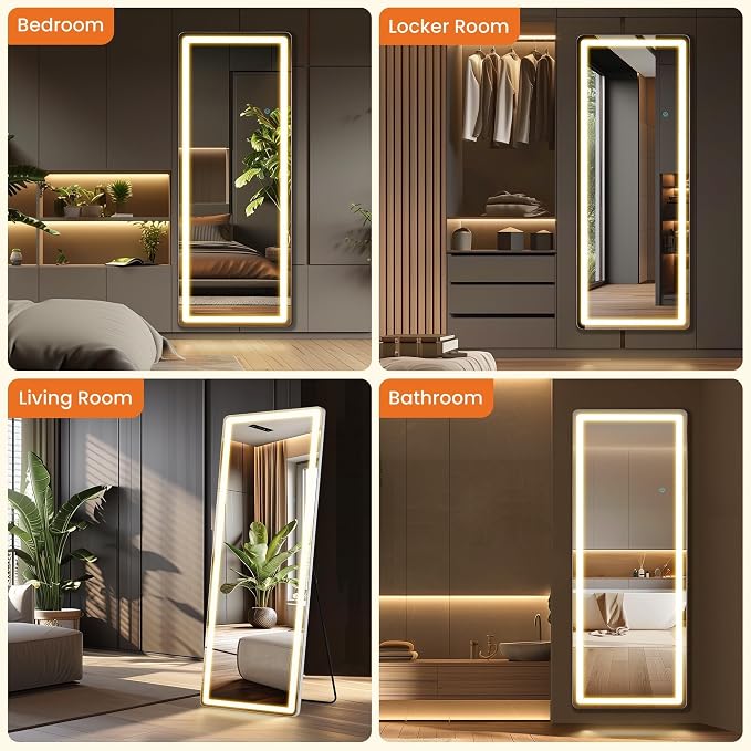 NEWBULIG 71"x26" LED Full Length Mirror, Full Body Standing Mirror, White | Leaning or Standing, Tempered Glass, Aluminum Alloy Thin Frame Floor Stand for Bedroom, Cloakroom