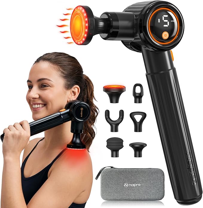 NAPRE Massage Gun with Heat,Massage Gun Deep Tissue with Extension Handle | Handheld Percussion Muscle Massager for Back Neck Pain Relief,3 Adjustable Angles,5 Speeds,6 Heads,Case,Black