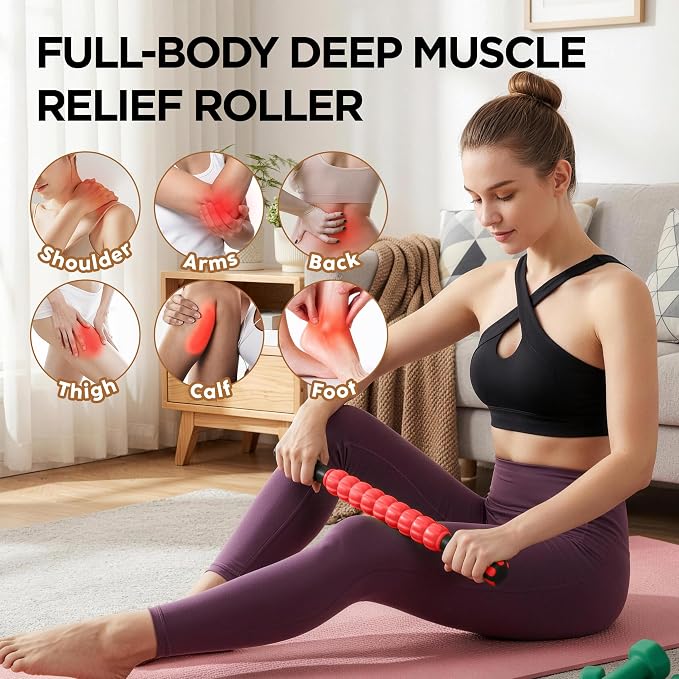 Muscle Roller & Massage Roller Stick for Athletes - Lymphatic Drainage Support, Relieves Muscle Soreness, Cramping & Tightness - Targets Legs, Arms, Back & Calves （Red Wheel）