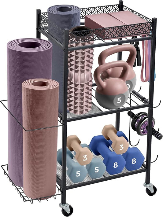 Yoga Mat Storage Rack with Wheels Home Gym Essentials | Foam Roller Yoga Blocks Dumbbells Kettlebells Resistance Bands Workout Exercise Organizer Fitness Gear Garage Organization