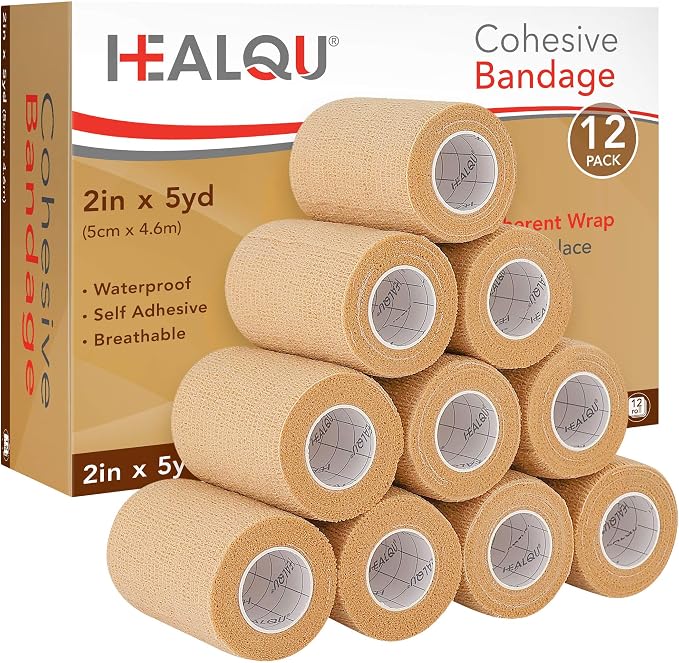 HEALQU Self Adhesive Bandage Wrap - 12 Rolls 2in x 5yd Cohesive Tape for Athletic and Sports - Self Adherent Medical Tape, Flexible, Elastic Bandages for Wrist & Ankle Vet Wrap for Dogs