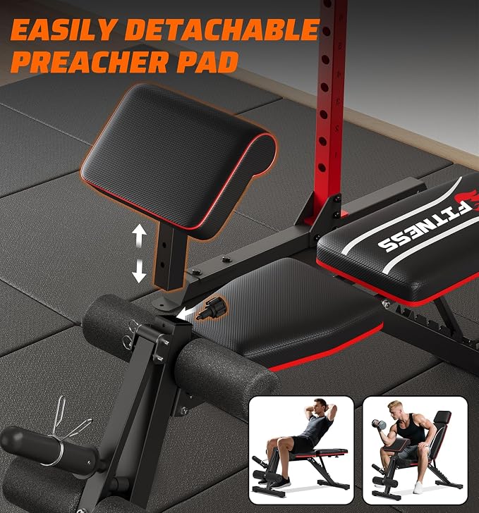Foldable Adjustable Weight Bench with Leg Extension & Preacher Pad for Home Gym, Bench Press for Full Body Workout with Leg Developer, 900Lbs Capacity & Space-Saving Design