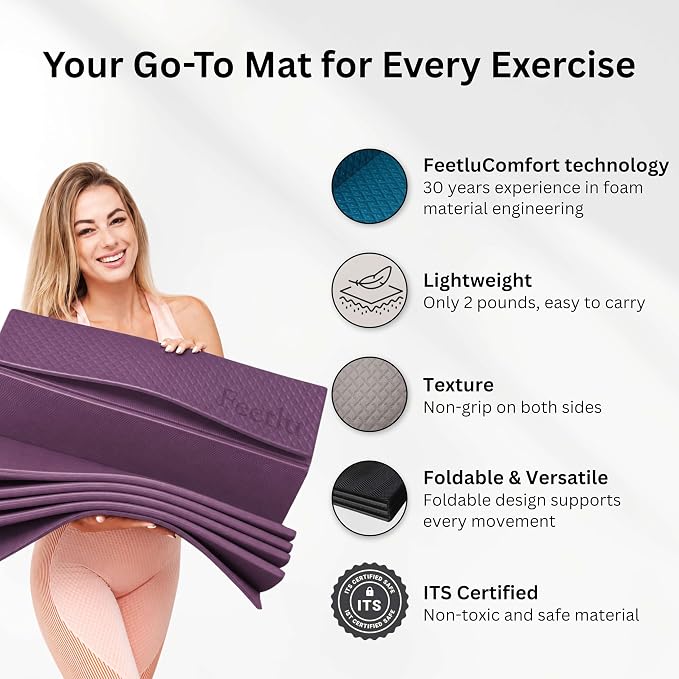Foldable Yoga Exercise Mat, 6mm/8mm/10mm/12mm Thickness, 72 x 24 Inch - Lightweight, Anti-Slip, and Easy to Store for Yoga, Pilates, Home Workouts, and Floor Exercises