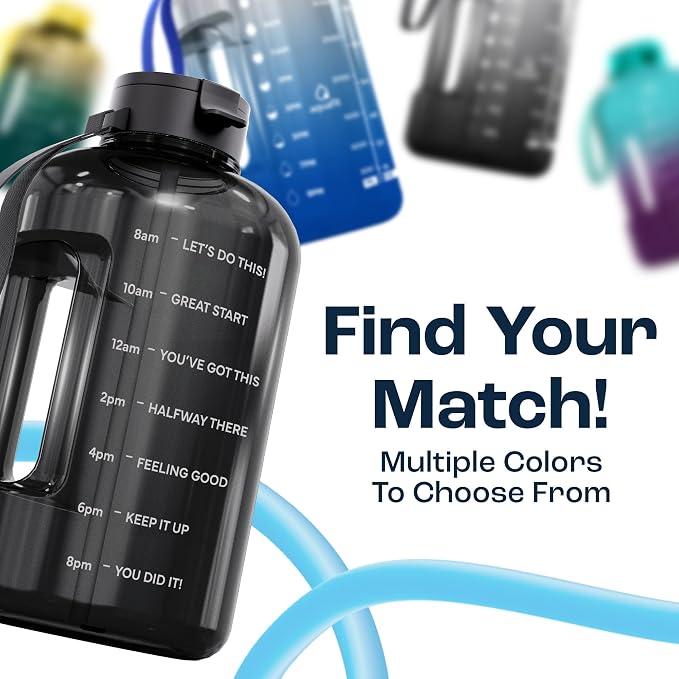 AQUAFIT Half Gallon Water Bottle with Motivational Quotes | BPA Free 64 oz Water Bottle with Straw and Chug Lids - Leakproof Gym Water Bottle with Carry Handle (Midnight Gray)